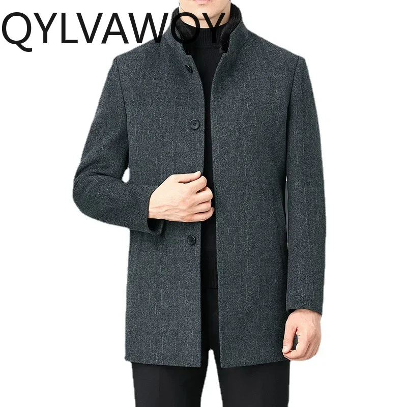 QYLVAWOY Double Sided 100% Cashmere Coat Men's Winter Jacket Men Midi Long Coats Standing Collar Wool Jackets for Male Clothing