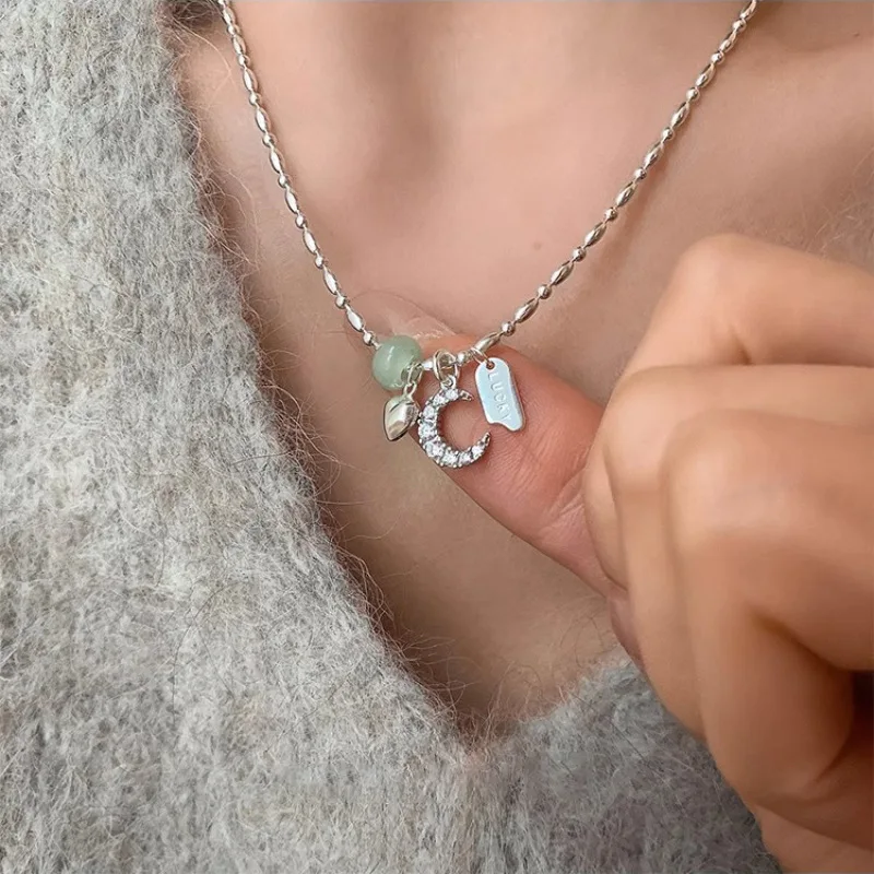 

925 Sterling Silver Zircon Love Heart Necklaces for Women Girl Moon Luck Hotan Jade Jewelry Dropshipping
