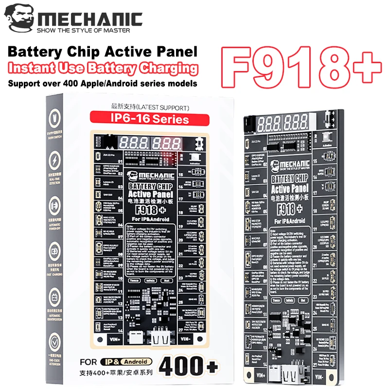 

MECHANIC F918+ Battery Tester for iPhone 16 and 400+ Android Phones LED Display with 18+9 Pogo Pins 5V 9V Stable Voltage Output