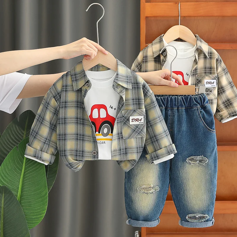 

Новая весенне-осенняя одежда для маленьких мальчиков, детская клетчатая рубашка, футболка, брюки, 3 шт./компл., одежда для младенцев, костюм для малышей, детские спортивные костюмы