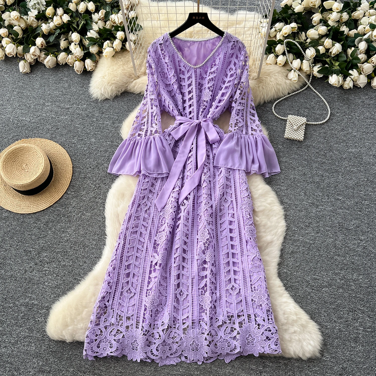 SuperAen Retro Hollowed-OUT โครเชต์ลูกไม้เอว Flared Sleeve Dress Big Swing Elegant Dress