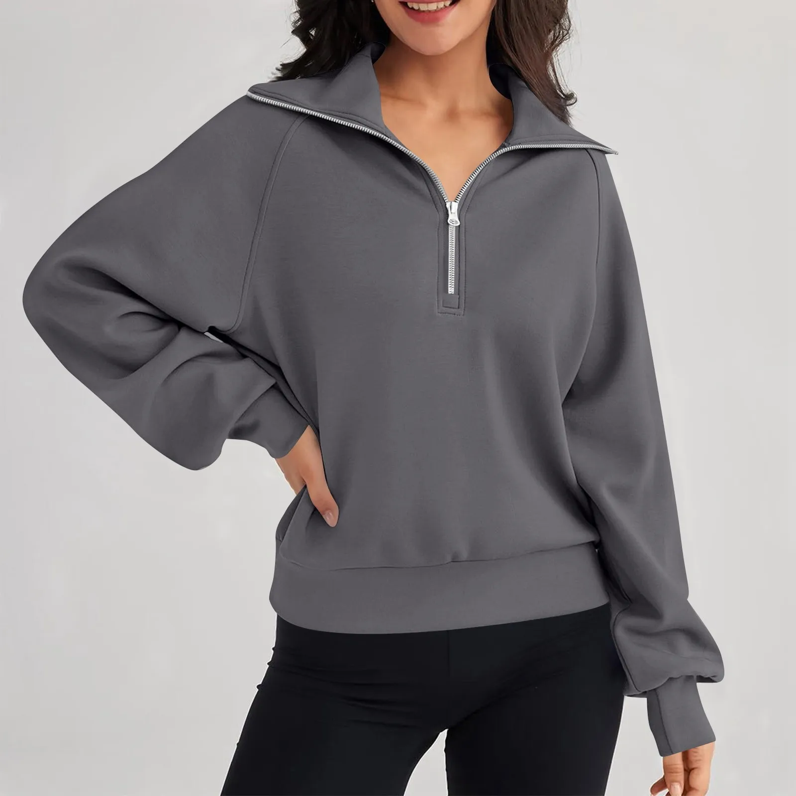 

Half Zip Fleece Warm hoodie Women Loose Fitness Yoga Suit Tops Sports Sweatshirts Workout Sportswear Women's Hoodless Sweatshirt