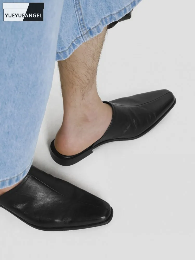 

Spring Summer Mens Close Toe Comfortable Horsehide Genuine Leather Black Slippers Business Casual Work Shoes Male Slip On Slides