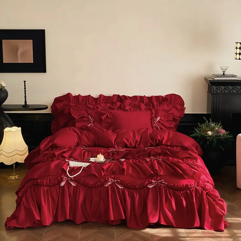 1000TC Egyptian Cotton Bedding Set Luxury Red Multi-Layer Ruffle Bow Duvet Cover Bed Sheet Pillowcases  Wedding Gift Bed Linen
