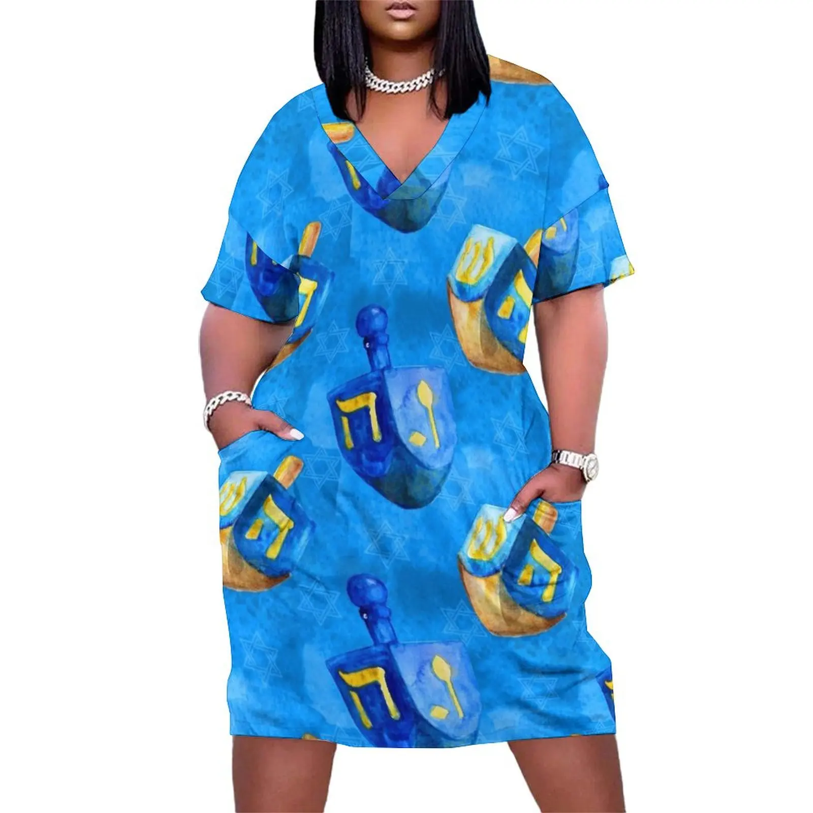 

Hanukkah Dreidels Holiday Pattern in Blue and Gold Loose Pocket Dress festival outfit women clothes for women