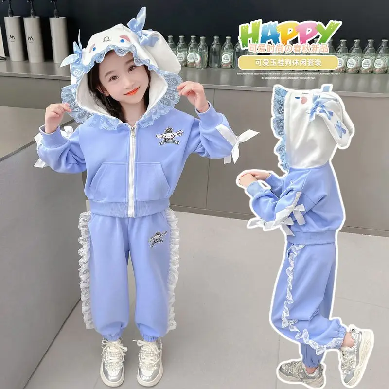 Cinnamoroll Girls Sportswear Suit Autumn Winter Anime Sanrioed Kids Hooded Jacket Pants Fashion Casual Suit Kids Clothes Gifts