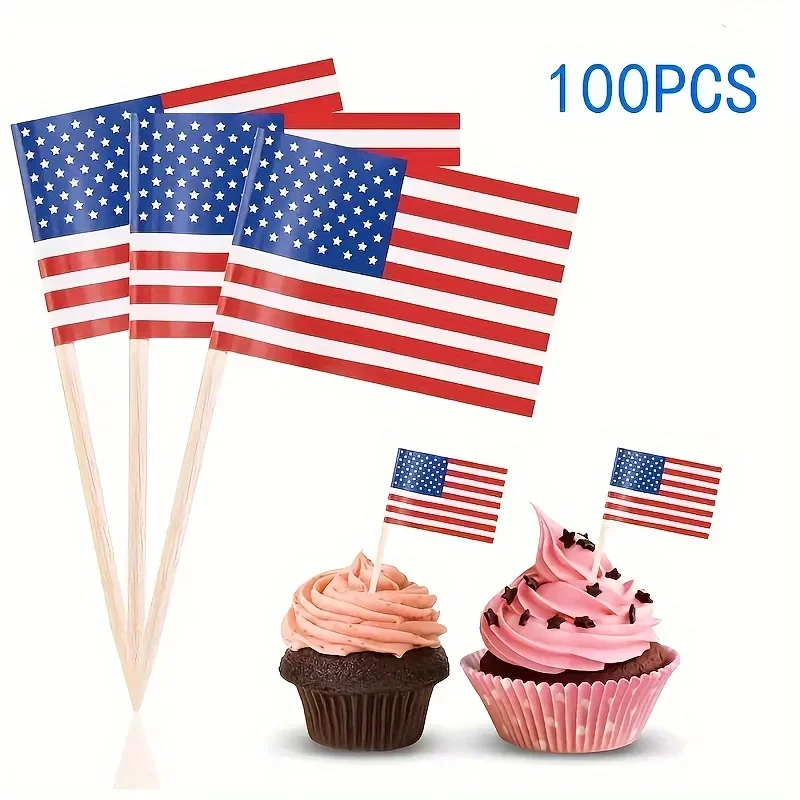 100pcs American Toothpick Flag, Cake Decoration Flag,Food Paper Flag Tag,Independence Day Party Decor Theme Party Supplies