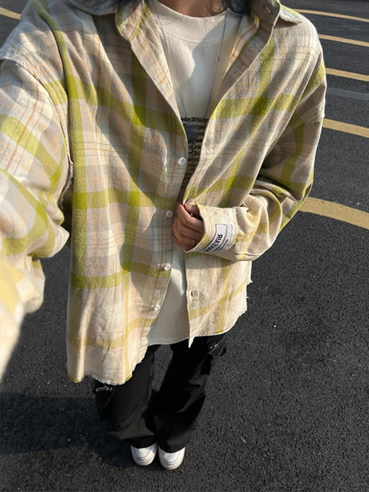 

Loose Tie-Dye Plaid Long Sleeve Shirt Men's American Retro CleanFit Shirt Jacket Autumn Season Casual Wear Polyester Fiber