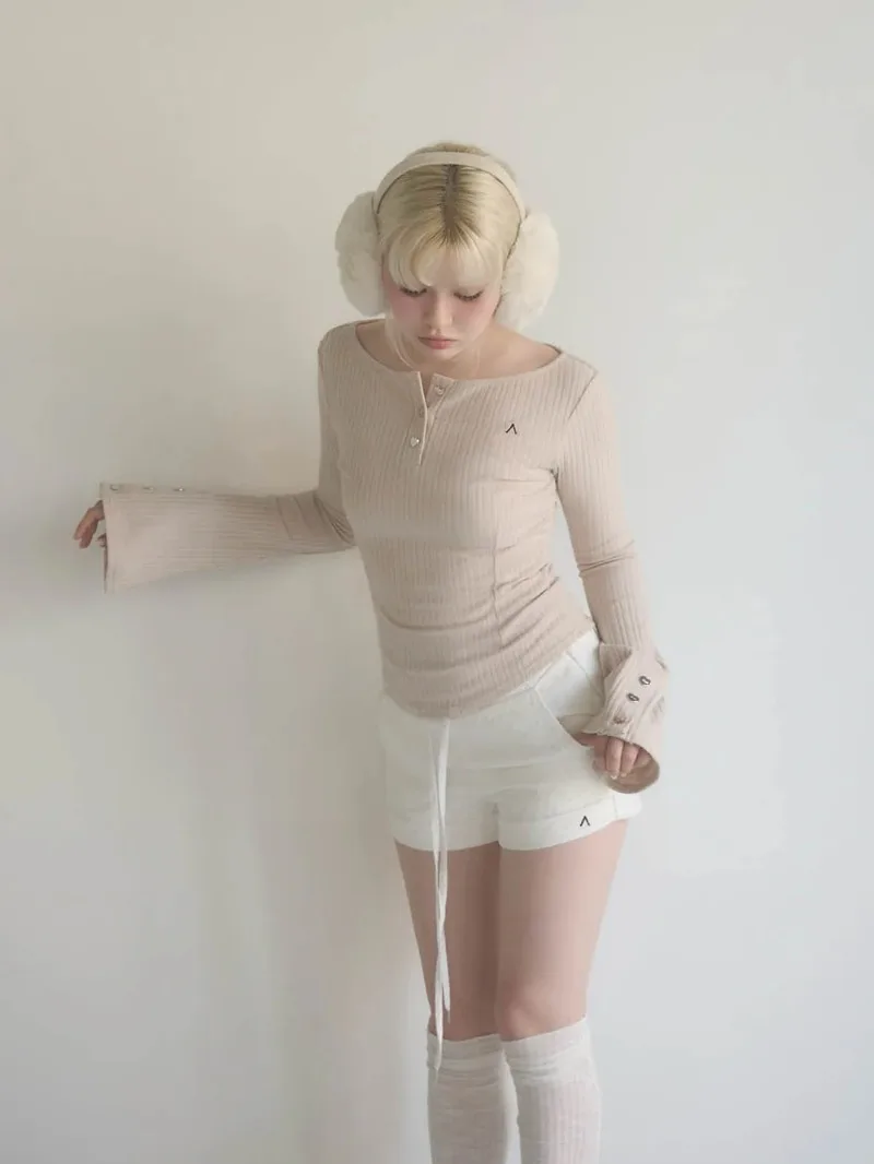 2025 Autumn Winter Japanese Style Tees Sweet Versatile Slim Fit Ribbed Flared Sleeves Long Sleeved T-Shirt Top Pullover Ladies