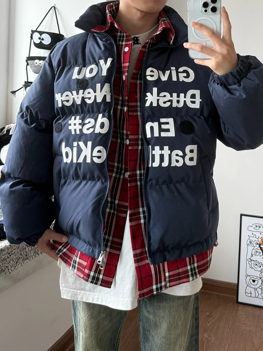 

Warm Cotton Jaet Men's Winter Thiened Letter Print Stand Collar Bread Sle Outerwear Casual Faion Thermal Coat