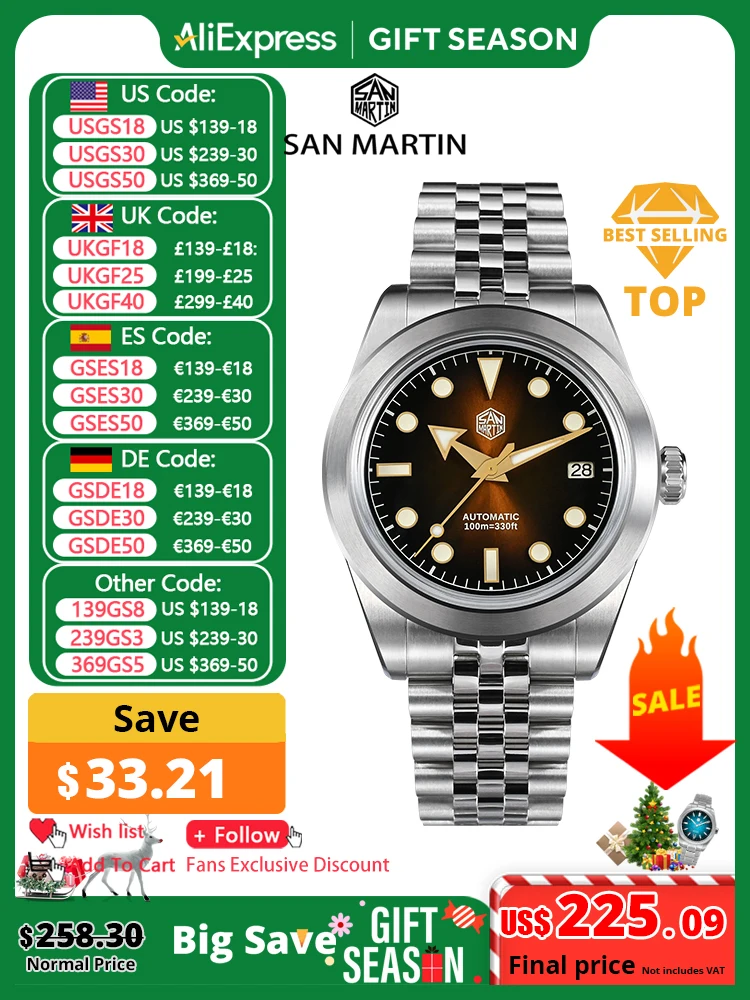 San Martin 39mm Men Sport Watch Sunray Enamel Dial NH35A Automatic Mechanical Sapphire Waterproof 100m BGW-X1 Luminous SN0053