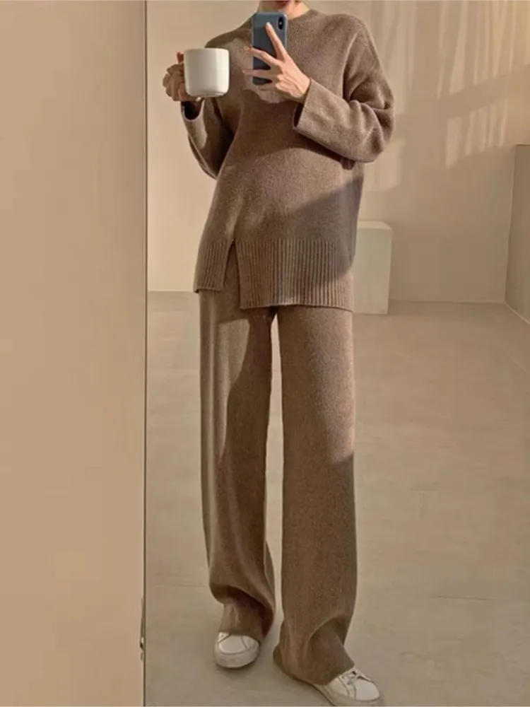 

Осенние женские комплекты брюк из двух предметов, вязаный топ, свитера с длинными рукавами и круглым вырезом, прямые брюки с высокой талией, однотонные, повседневные, легкая эластичная
