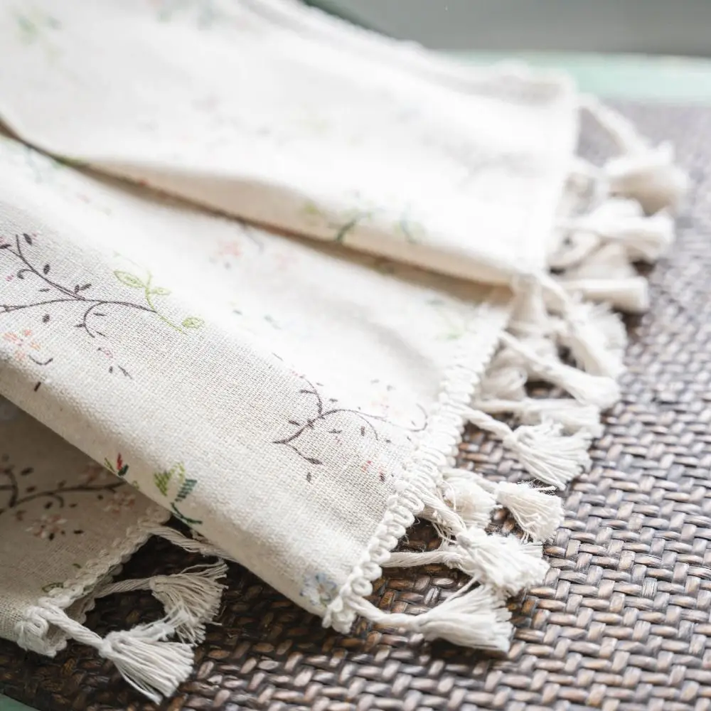 Window Treatment Semi-Blackout Tassels Printed Curtain Floral Print Elegant Cotton Curtain Beige Retro Vintage Curtain Bedroom