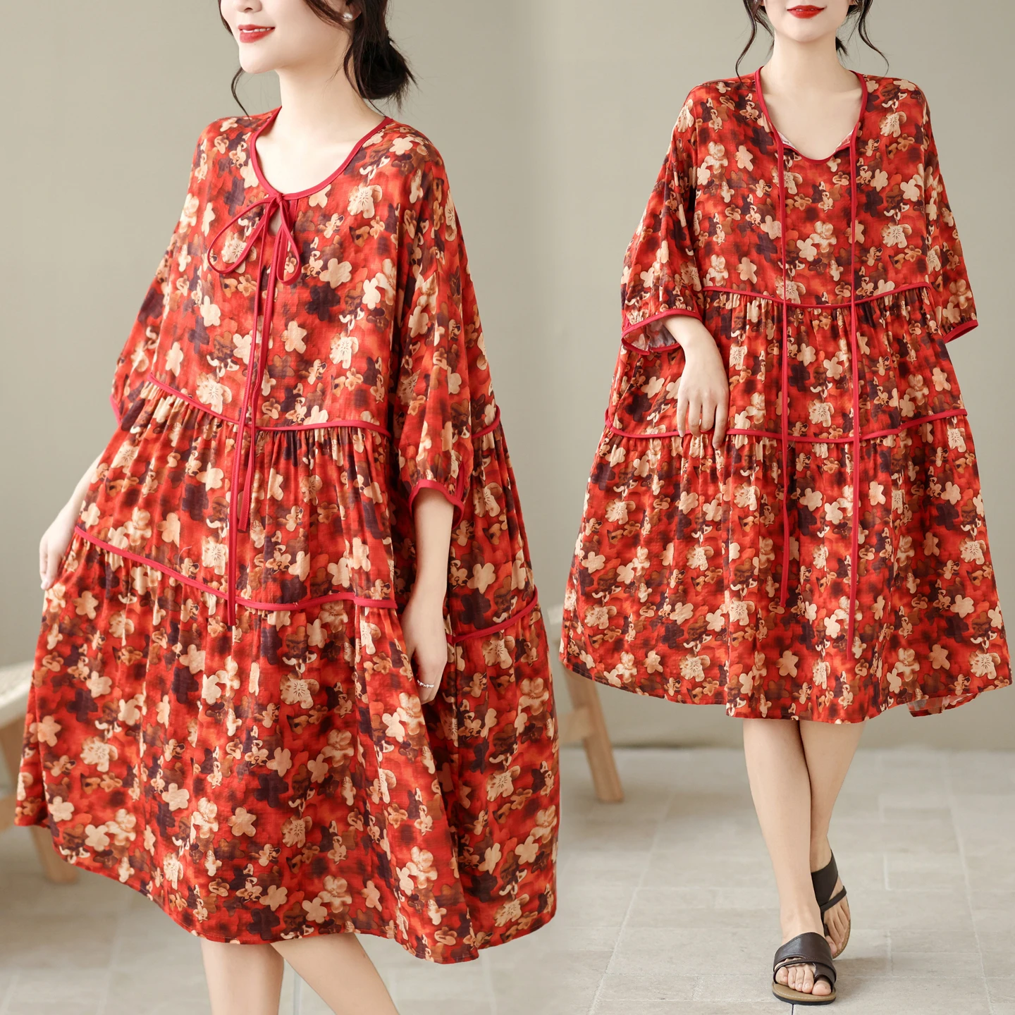 

Summer Large Size Cotton Linen Print Collar Rope Loose Elegant Slimming Versatile Dress Artistic Style High Waist A-Line Skirt