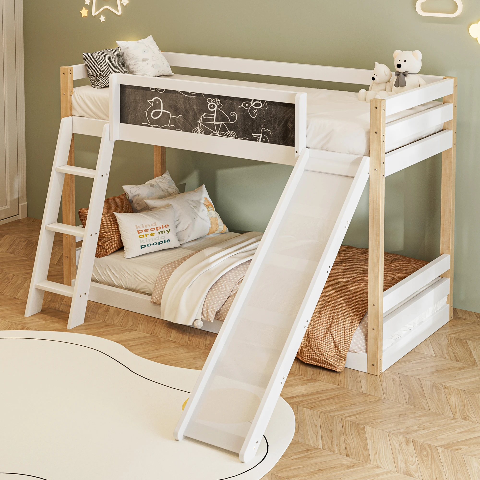 Anajqaqia Cama infantil 90×190/90×200 cm con rieles de seguridad, fácil de instalar, estructura robusta de madera y MDF, blanca, sin colchón