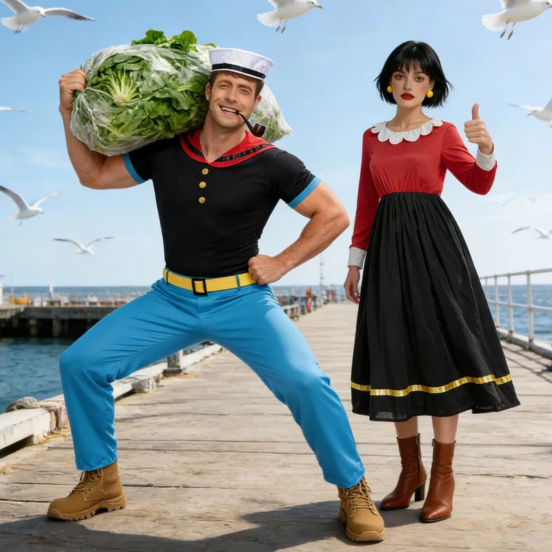 Disfraz de Popeye de dibujos animados con sombrero, traje divertido de marinero para hombres y mujeres, disfraz de Olive para Halloween, fiesta de disfraces.