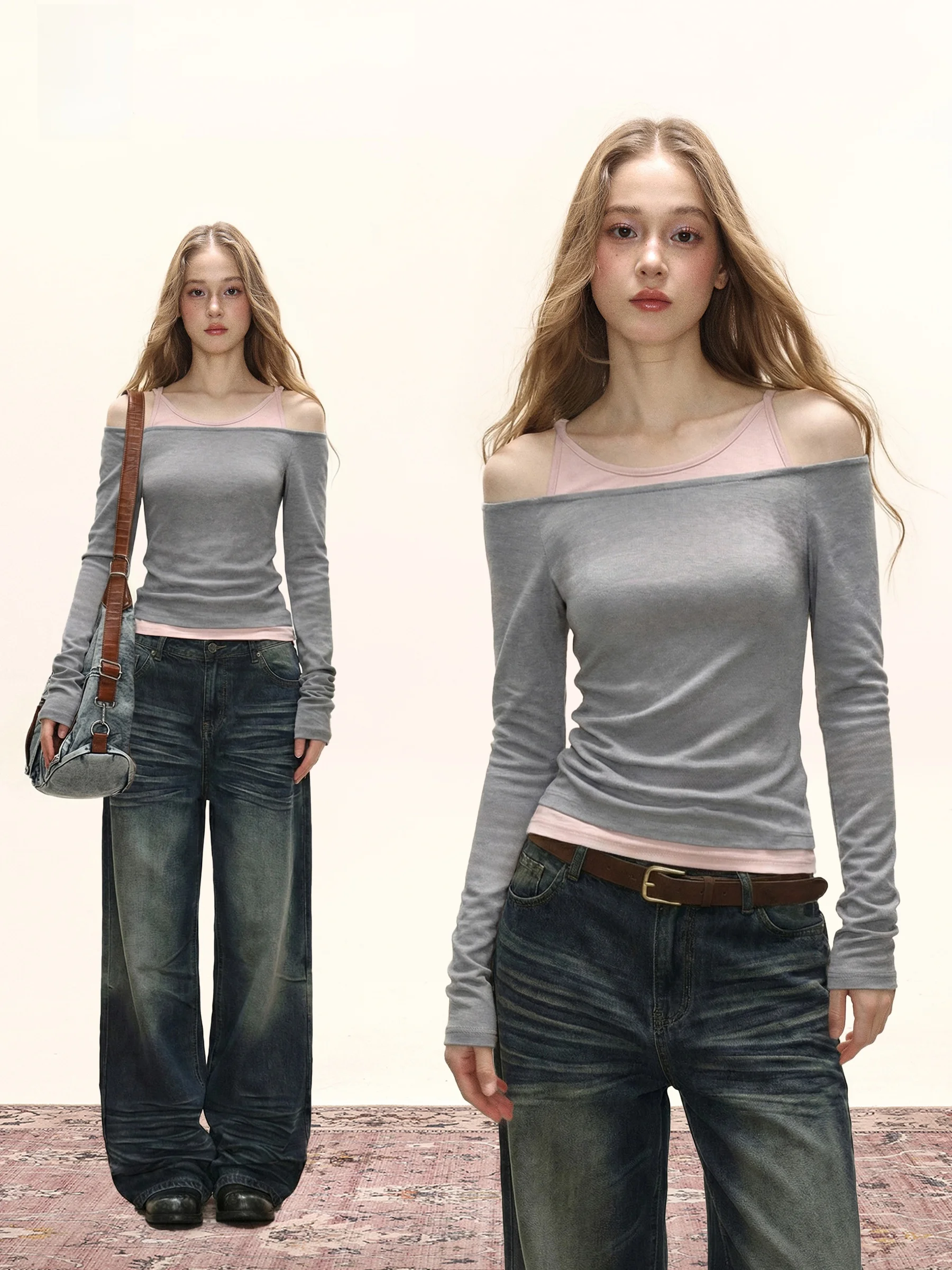 

Shoulder Bared Long Sleeve Slim Fit T Shirt Women's Spring Season Korean Style Casual Wear Comfortable Waist Cinched Base Shirt