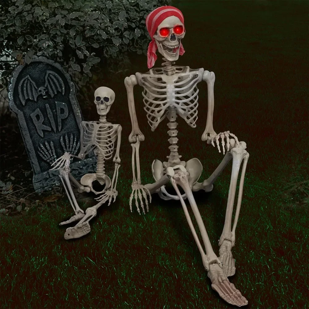 

2 Pcs Halloween Skeleton Decorations,5ft & 3ft Pose-N-Stay Life Size Skeleton with Glowing Eyes,Human Bones Full Body Realistic