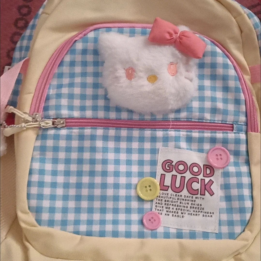 Hello Kitty Button Blue Grid Pattern Many Pocket Schoolbag Portable Travel Bag High-Capacity Shoulders Backpack Birthday Gift
