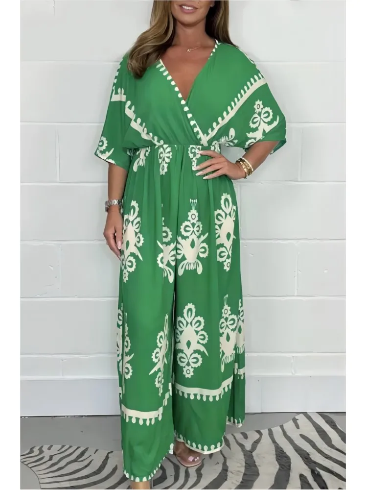 Retro Casual Printed Ethnic Jumpsuit 2024 Women Spring V Neck High Waist Playsuit Summer Short Sleeve Wide Leg Pants Rompers