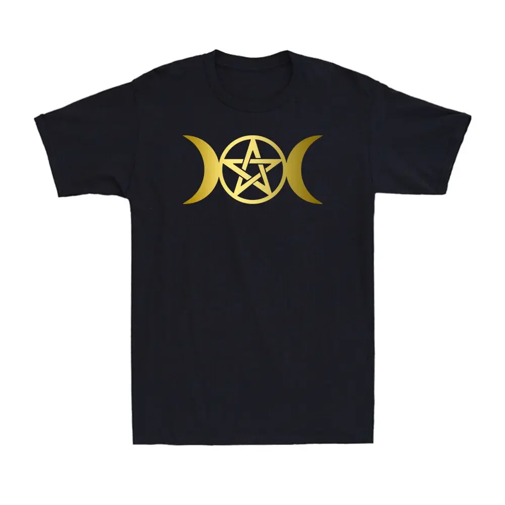 Black Triple Moon Goddess Pagan Pentacle Wicca Deity Golden Print Men's T-Shirt