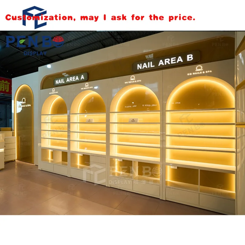 

На заказ. Высококачественный продукт для ухода за кожей Лак для ногтей Розничная витрина Шкаф со светодиодной подсветкой Деревянная настенная витрина Мебель Маникюр S