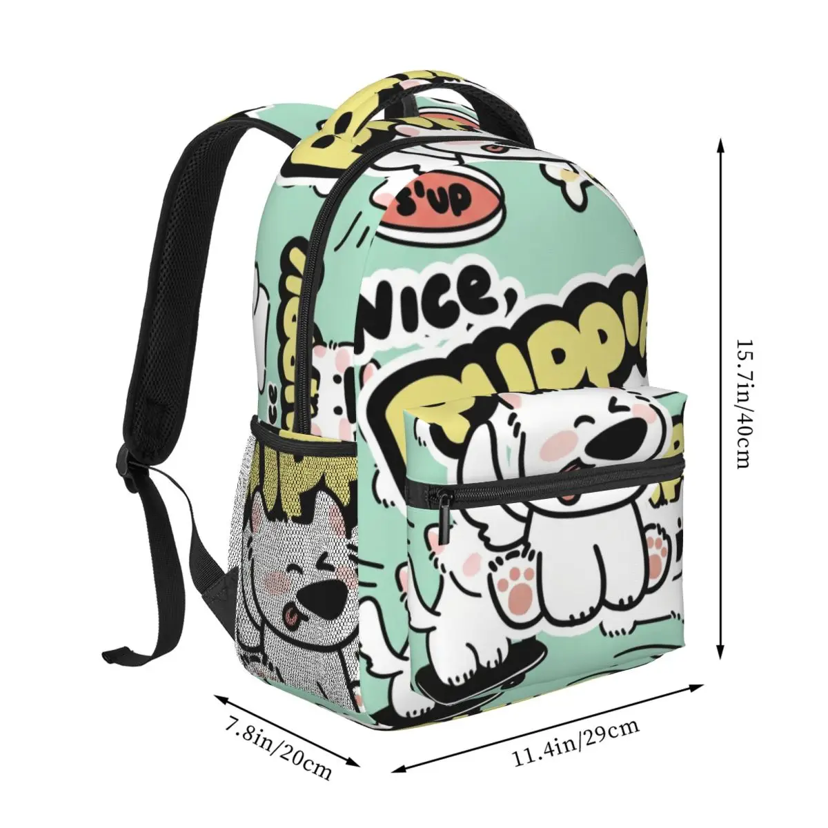 College Campus Backpack Tossed Puppy Stickers Whimsical Illustration Solid Mint Green Multi Polyester Bookbag for Laptop Work