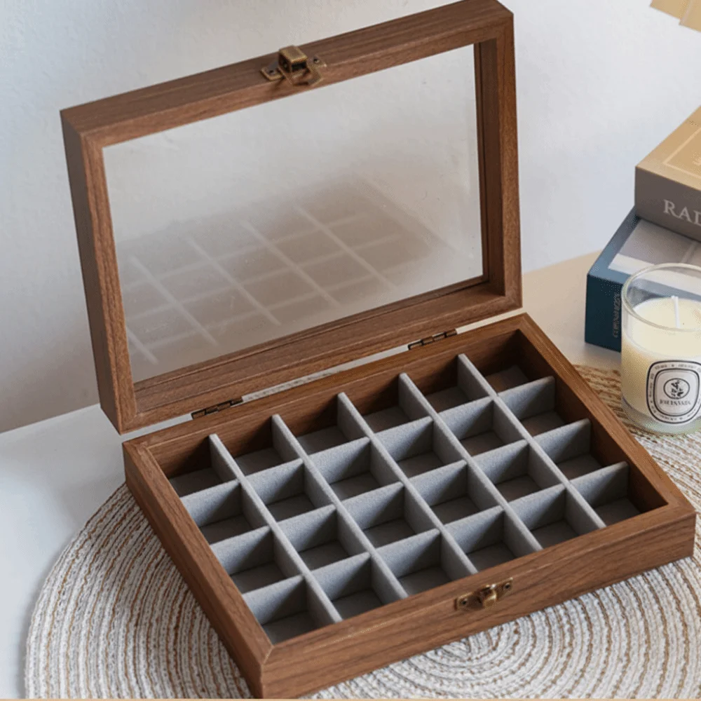 

Convenient Elegant Wood Jewelry Box Glass Lid Velvet Earrings Display Tray Dust-proof Storage Box Ring Display Holder Store