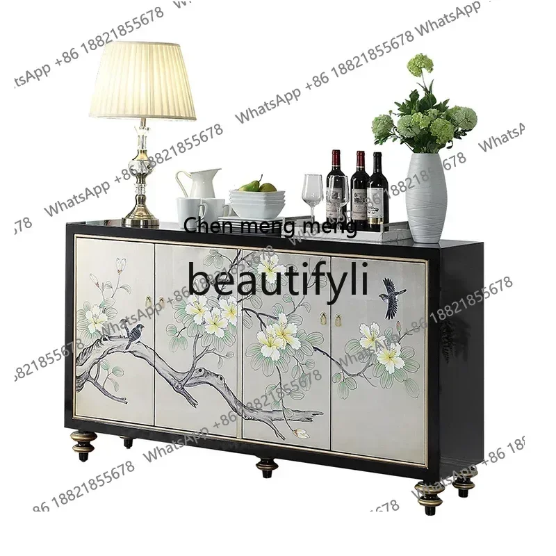 ss8350  Light luxury painted entrance shoe cabinet high sense living room solid wood flower and bird art dining side cabinet