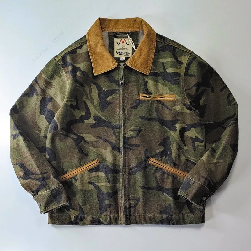 Men's Detroit Jacket Heavyweight Canvas Camo Vintage American Workwear Corduroy Collar Tactical Military Jacket Amekaji Style