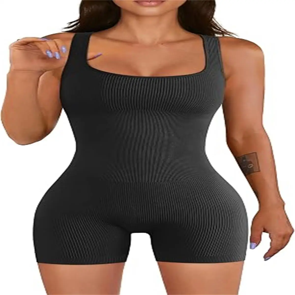Womens Workout Romper Yoga Ribbed Square Neck Shorts Jumpsuits | Squat-Proof, Tummy Control, Butt Lifting, Seamless Design, Moisture-Wicking, 4-Way Stretch