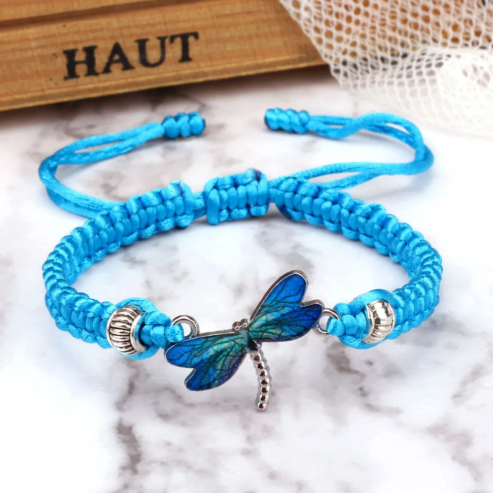 New Simple Blue Dragonfly Bracelets Lucky Braided Rope Adjustable Handmade Knot Colorful Sweet Lovely Jewelry Gift For Women Men