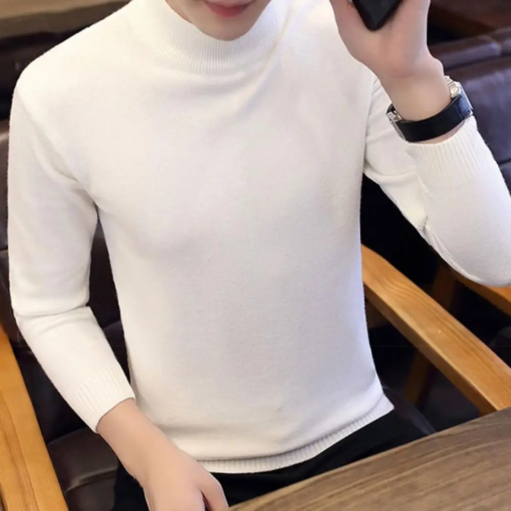 

Men Slim Fit Sweater Men's Half-high Collar Knit Sweater with Plush Lining Slim Fit Solid Color Bottoming Knitwear for Fall