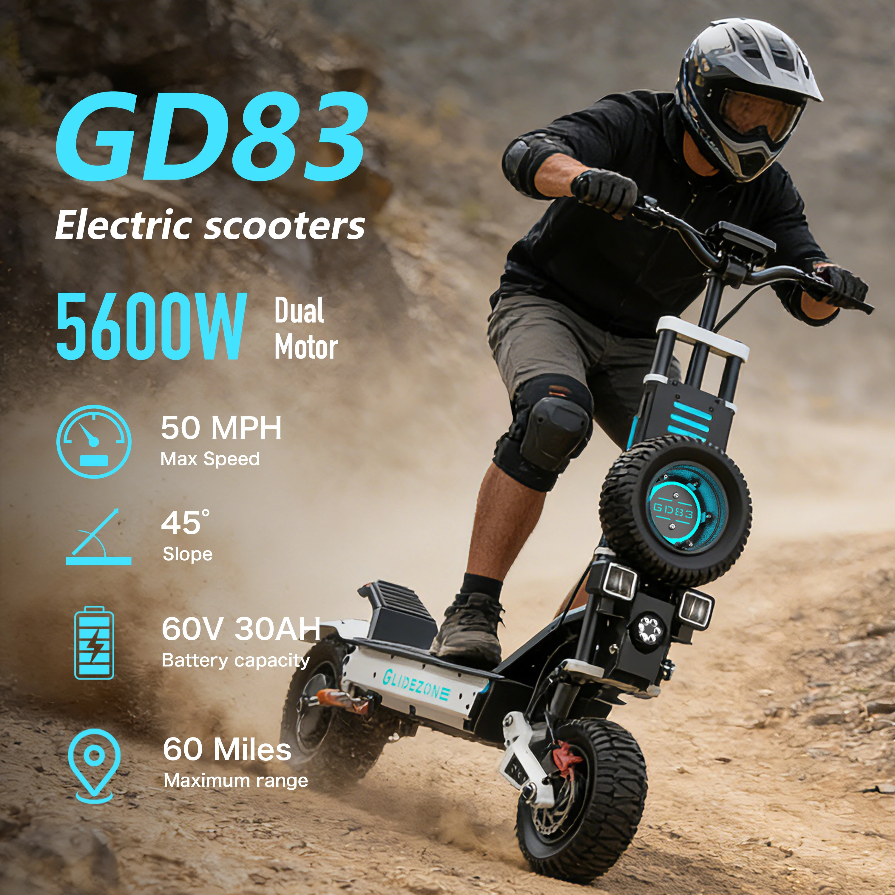 

Электроскутер GD83 для бездорожья, 60В 30Ач, высокопроизводительная батарея, дальность хода 60 миль, скорость 50 миль/ч, два двигателя по 2800Вт, 11-дюймовые внедорожные колеса.