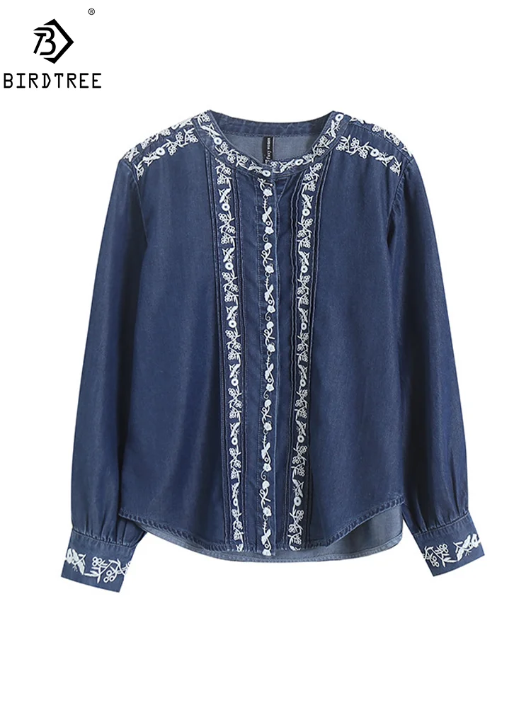 

New Spring Cotton Denim Casual Shirt Women Long Sleeve Stand Necks Embrodiery Top Girl OL Loose Blouses 2024 Autumn T447108QM