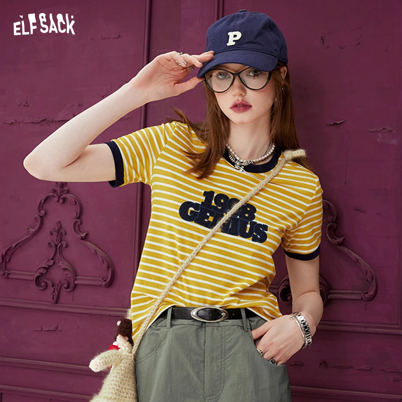 ELFSACK Striped contrasting short sleeved t-shirt for women\'s 2024 spring new college style chic small top