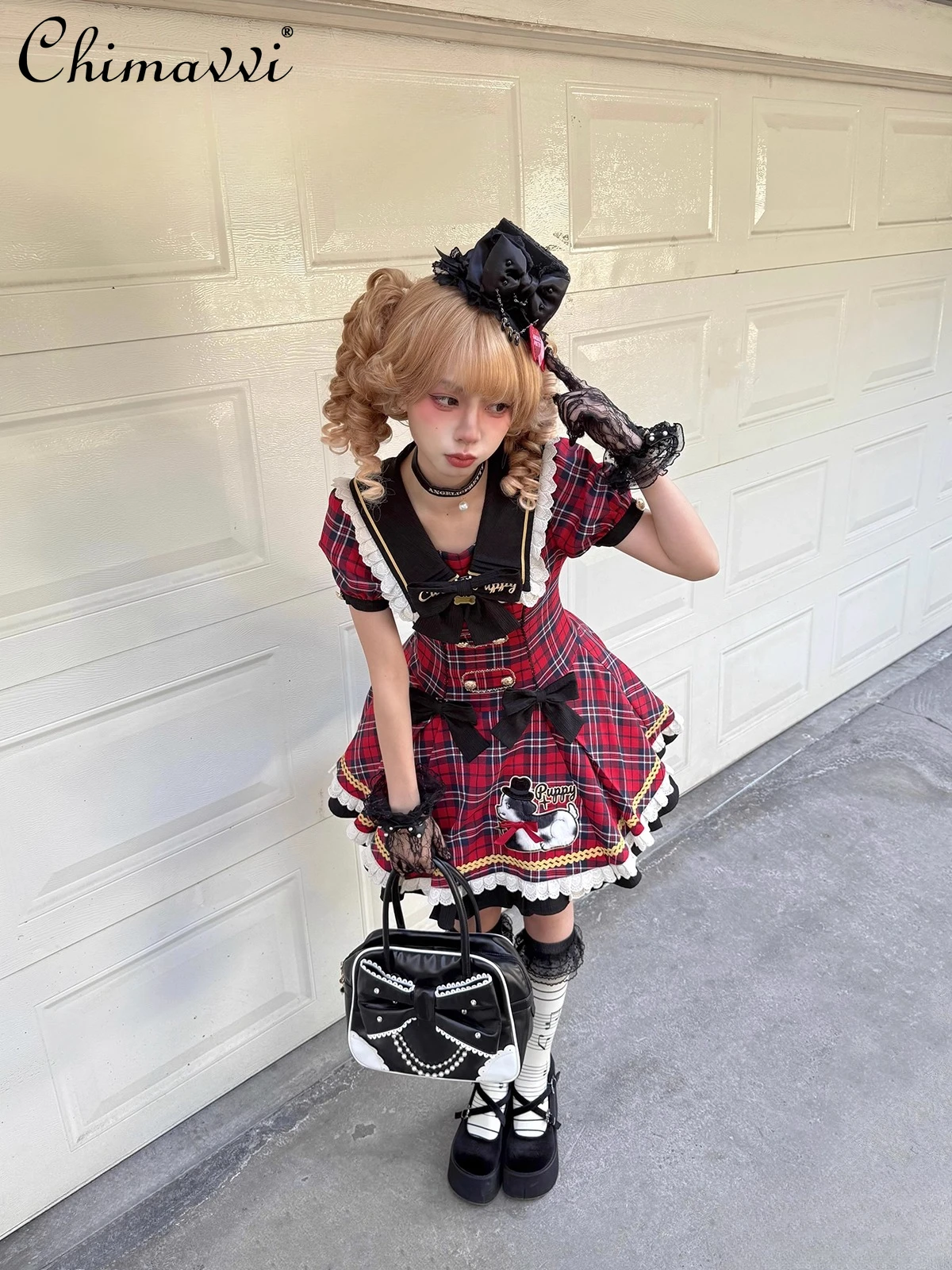 

Original New 2025 Autumn Cute Bow Girls Plaid Lolita Dress Small Lapel Slim Puff Sleeve Y2k Women's Short A-line Dresses