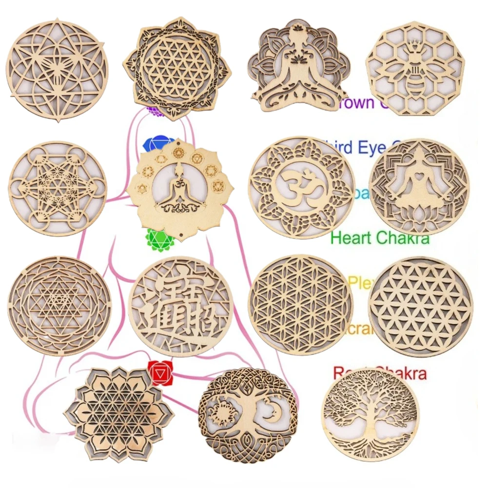 3.9inch Mandala Sacred Geometry Wooden Flower of Life Wall Art Spiritual Yoga Meditation Chakra Crystal Grid Decor Board Coaster