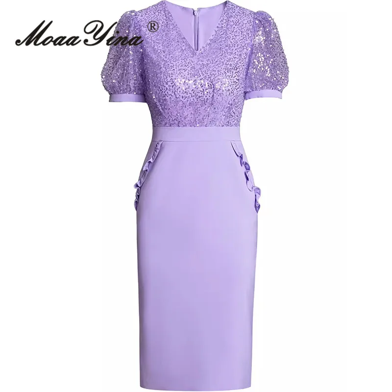 

MoaaYina Summer High Quality New Arrivals Women Dress Elegant Vintage Solid Color Sequins Ruffles Buttock Covering Split Dresses