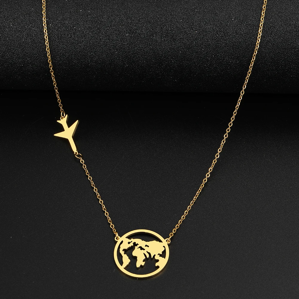 Stainless Steel Necklaces Airplane Globe Map Traveler Pendants Fashion Choker Chains Charms Male Necklace For Women Jewelry Gift