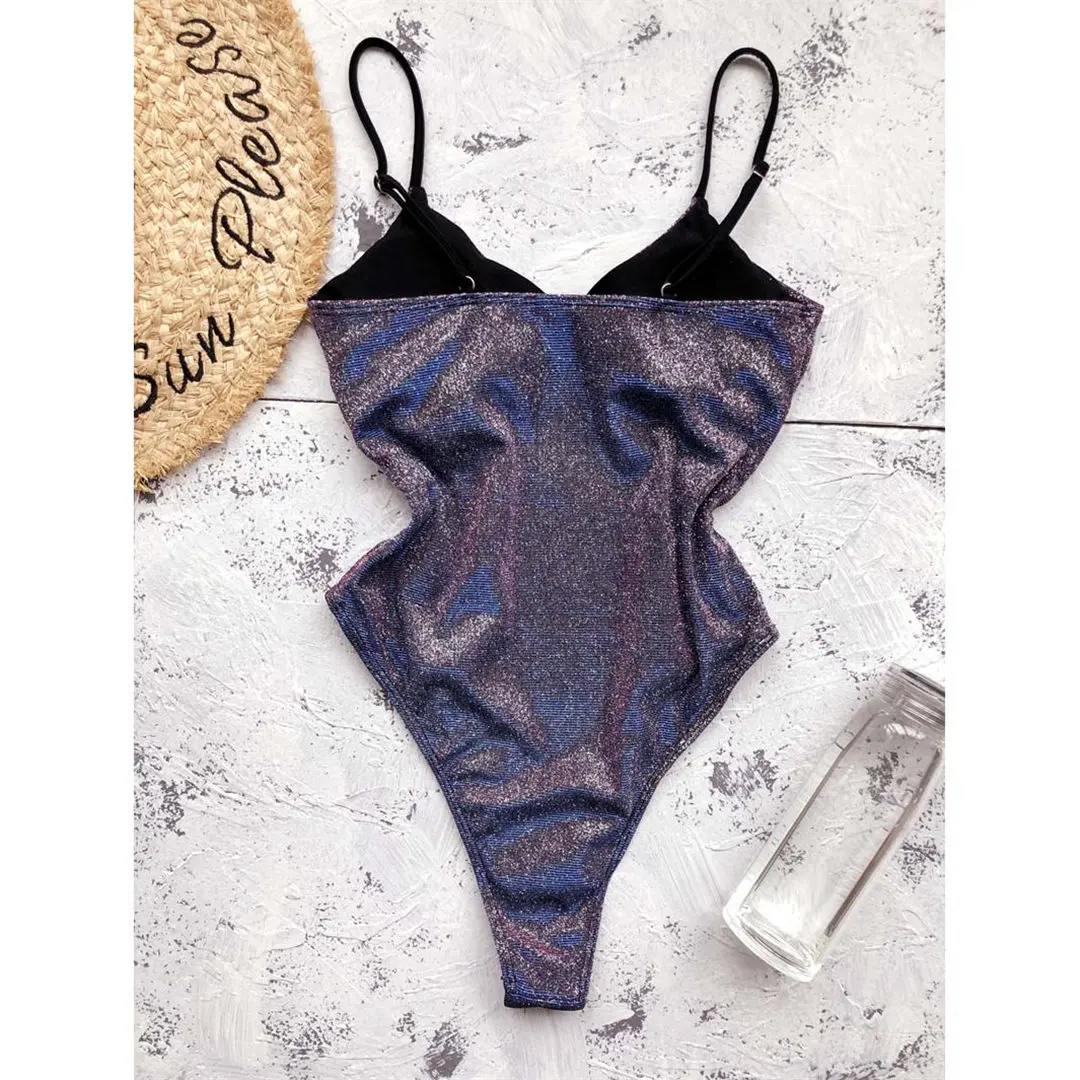 S - XL Neuer, sexy Badeanzug mit V-Ausschnitt und hohem Beinausschnitt, einteilig, Damen-Badebekleidung, glänzender, glitzernder, funkelnder Badeanzug, Modell V2631 – Detail 13