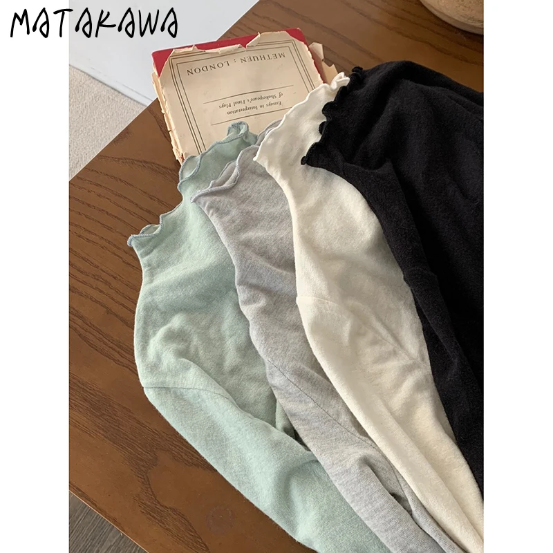 Matakawa Wave Cut T Shirt for Women Solid Basics Korean Fashion Elegant Ropa De Mujer Autumn Winter Simple Slim Short Tees