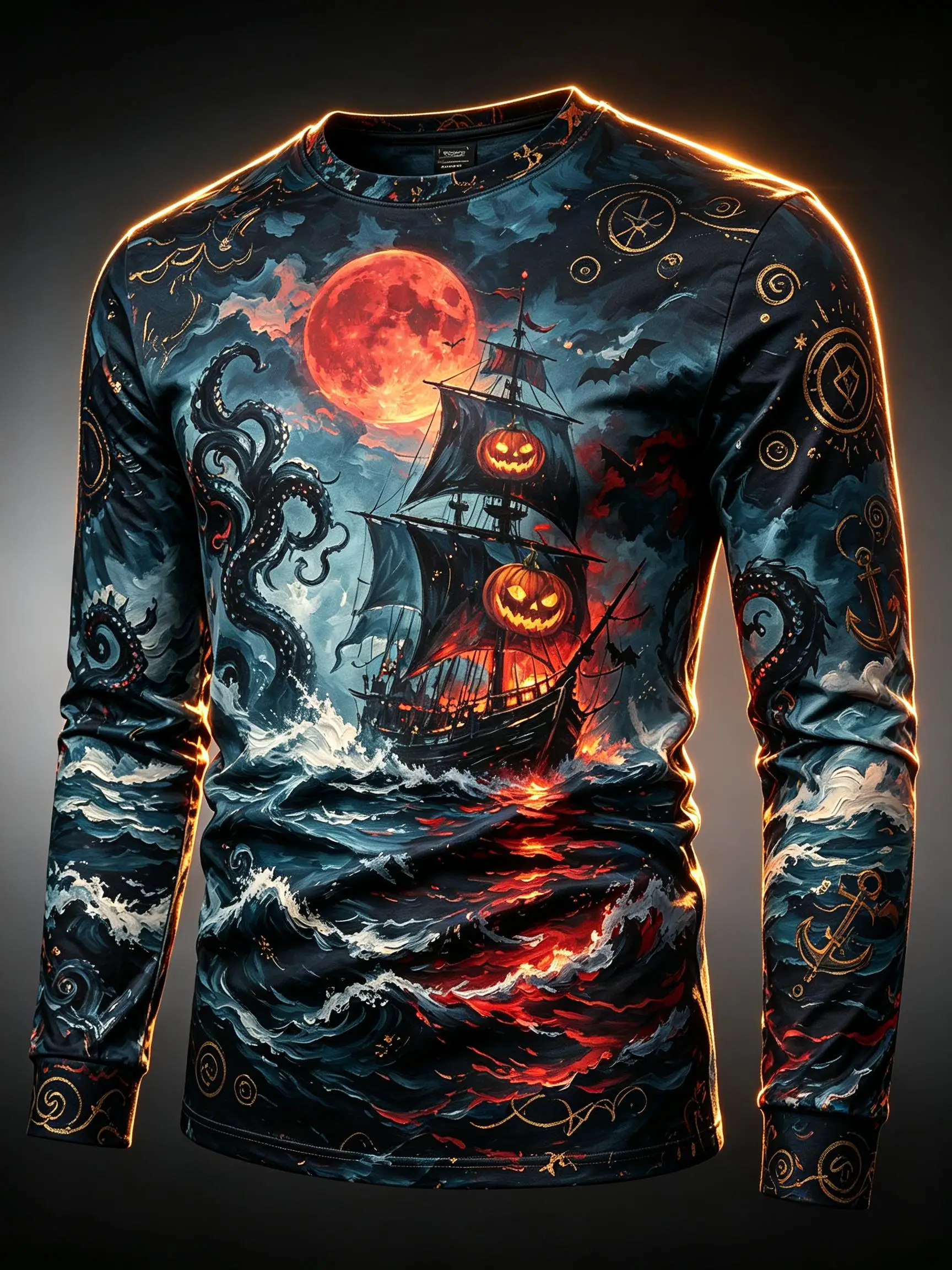 Men Halloween Long Sleeve Tee, Mystic Forest Deer Crow Pumpkin Vintage Oil Painting Full Print Casual Shirt
