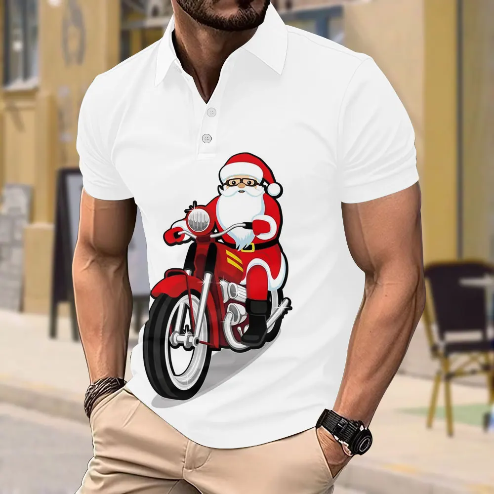 2024 Christmas Party Short Sleeve T-shirt Funny Santa Claus 3d Printed Button Short Sleeve Top Summer Mens Casual Loose Clothing