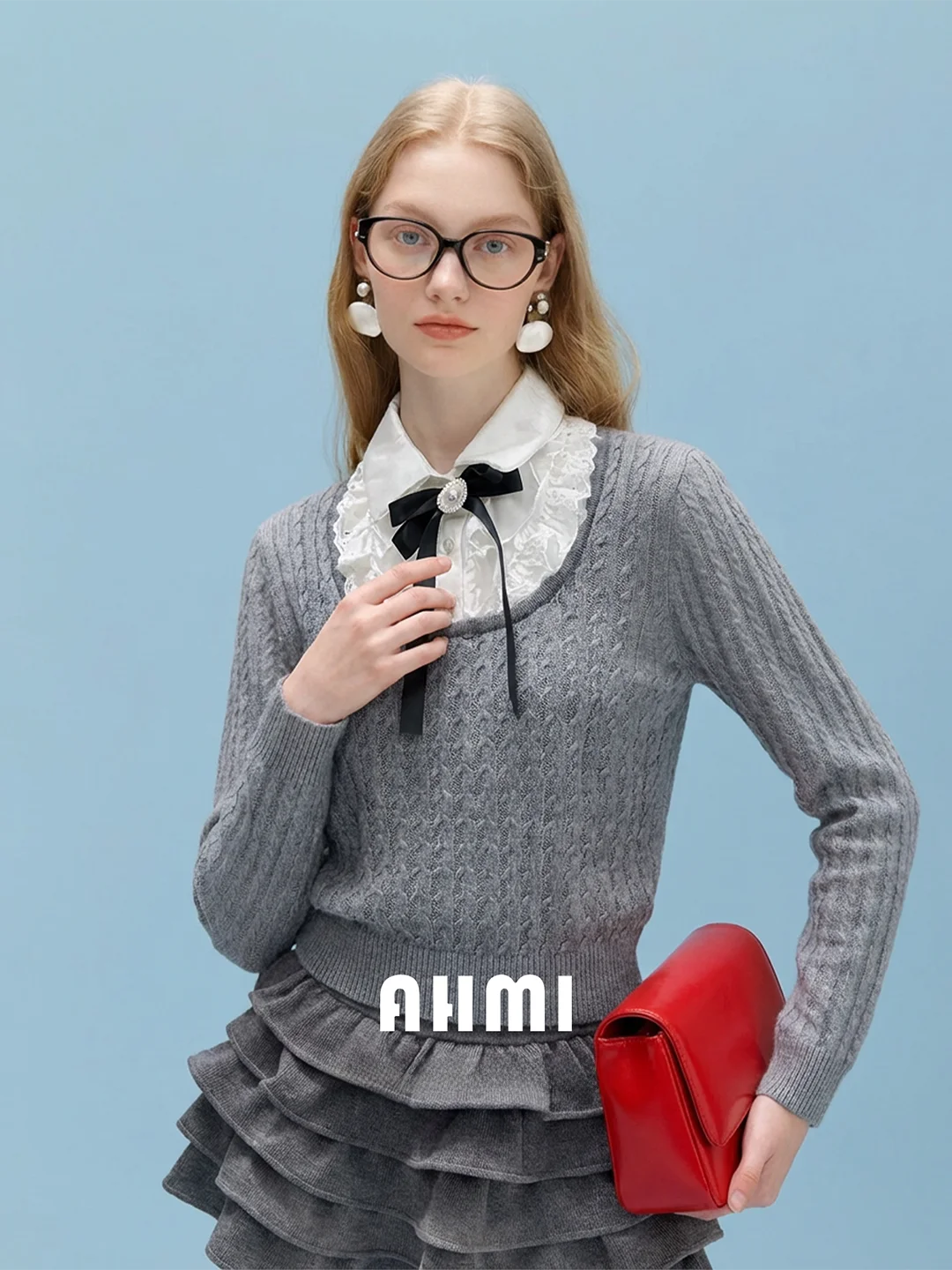 

AHMI ey Lace Splice Knitted Sweater Women's irt Collar Faion College Sle Slim Fit Soft Long Sve Warm Color