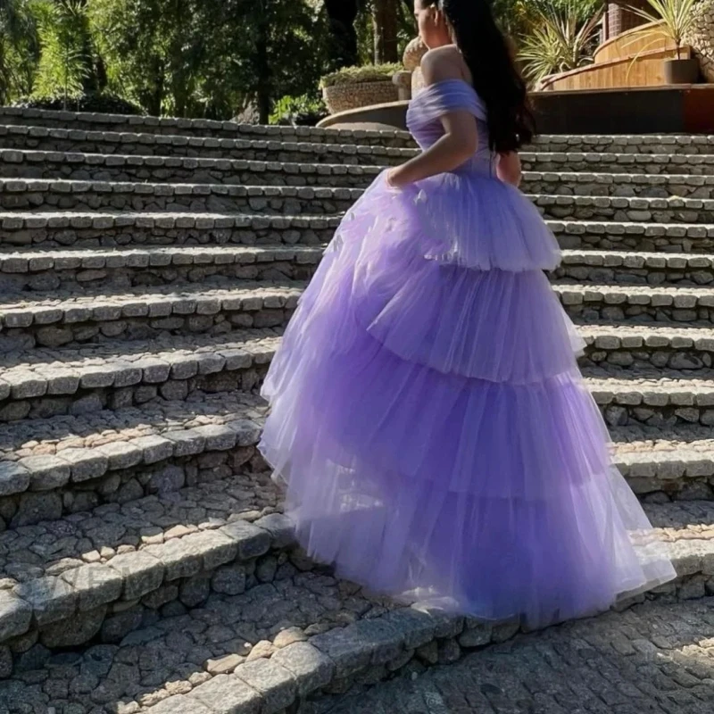 

A2167 Elegant Lilac Women Formal Evening Dress Cap Sleeve Ruched Tiered Tulle Prom Special Occasion Wedding Party GownCustomized