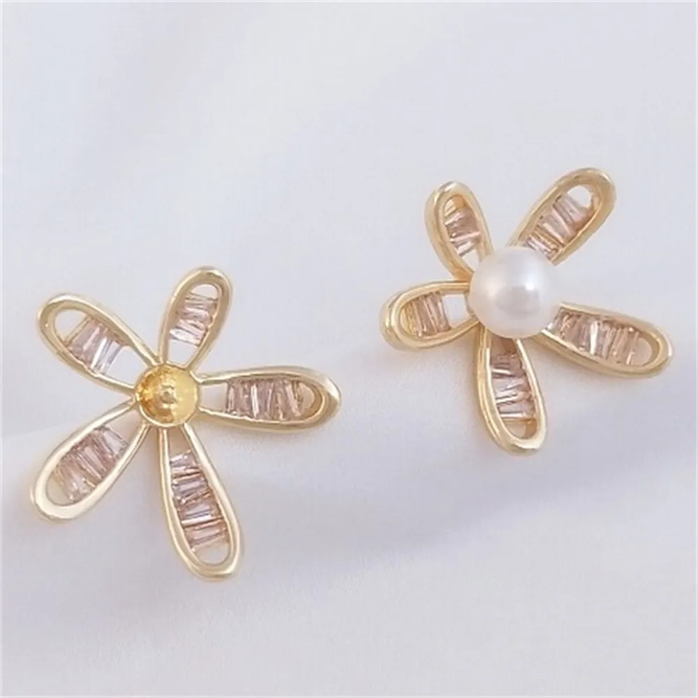 

14K Gold-filled Zirconium Five-petal Flower Pearl Empty Holder Earrings 925 Silver Needle DIY Handmade Flower Earrings Material