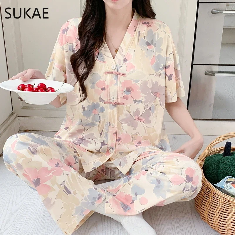 SUKAE Women Pajamas Set Summer Faux Cotton Sleepwear for Girl Leisure New Chinese Style V-neck Lady Pijama Chic Floral Nightwear