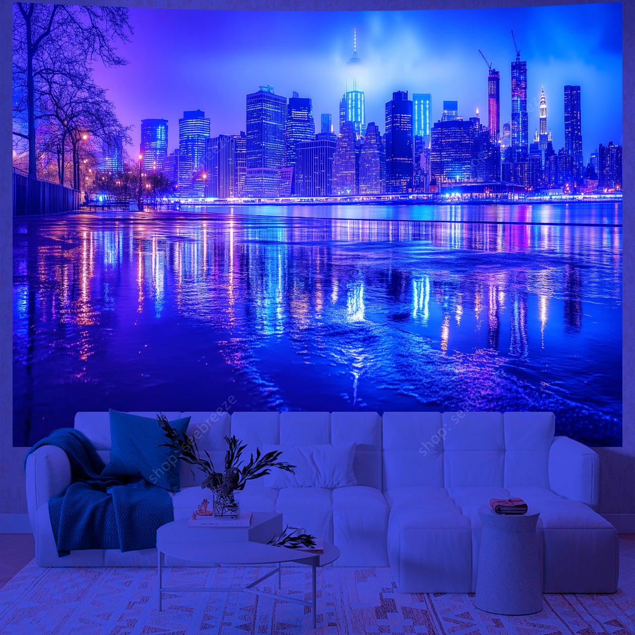 Psychedelic Planet City Skyscrapers UV Reactive Tapestry Wall Hanging Neon Background Gothic Room Decor Aesthetic Curtain Cloth