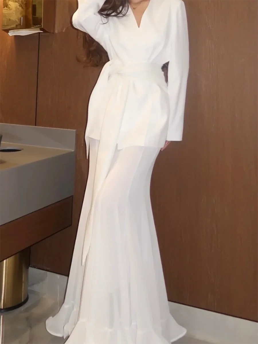 Классические простые вечерние платья русалки с v-образным вырезом и длинными рукавами, вечерние платья для дня рождения, выпускного вечера по индивидуальному заказу